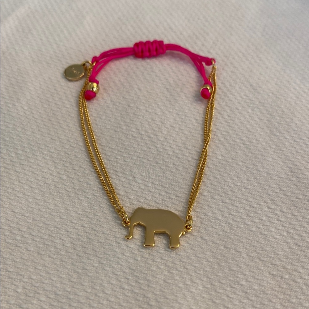Stella&Dot Gold Pink Elephant Charm Adjustable Pulley Chain Wishing Bracelet